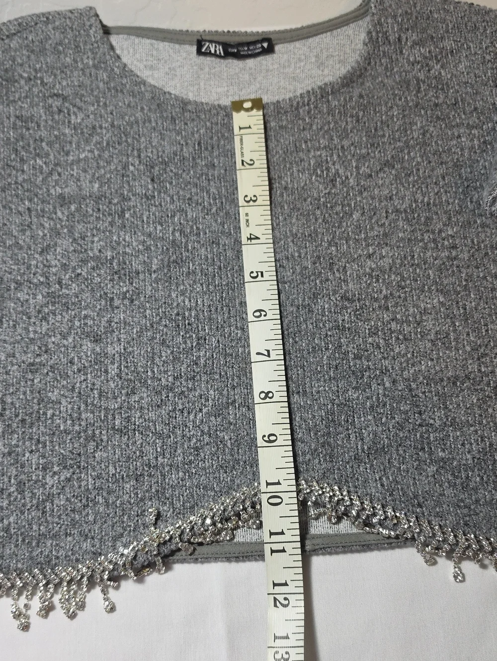 Zara Gray Cropped Gray Sweater Top with Rhinstone Front Hem Size Medium